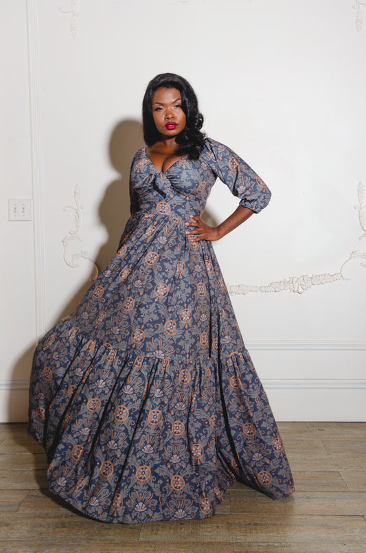 OYS - XS - S - M - L - Final Sale - Molly Medieval Gothic Maxi Gown in Royal Woods Print Crepe | Laura Byrnes & Hope Johnstun