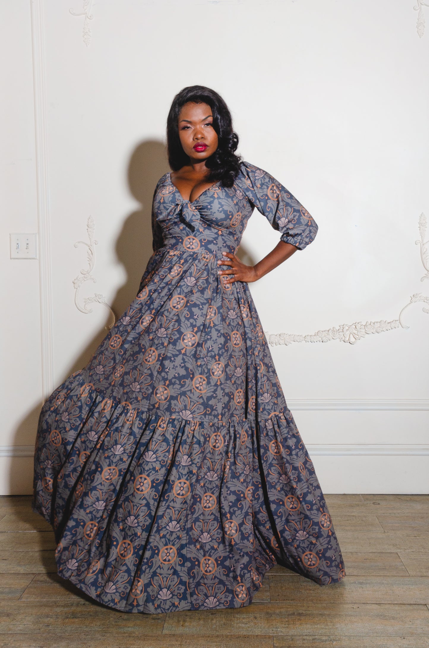 Final Sale - Molly Medieval Gothic Maxi Gown in Royal Woods Print Crepe | Laura Byrnes & Hope Johnstun