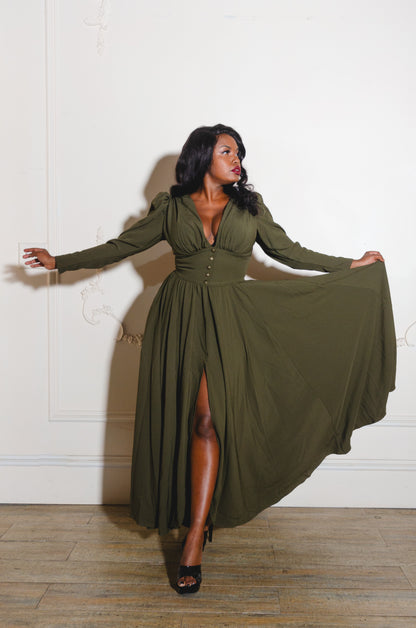 Clarice 40s Vintage Maxi Coat Dress in Olive Green Poly Crepe | Laura Byrnes Design