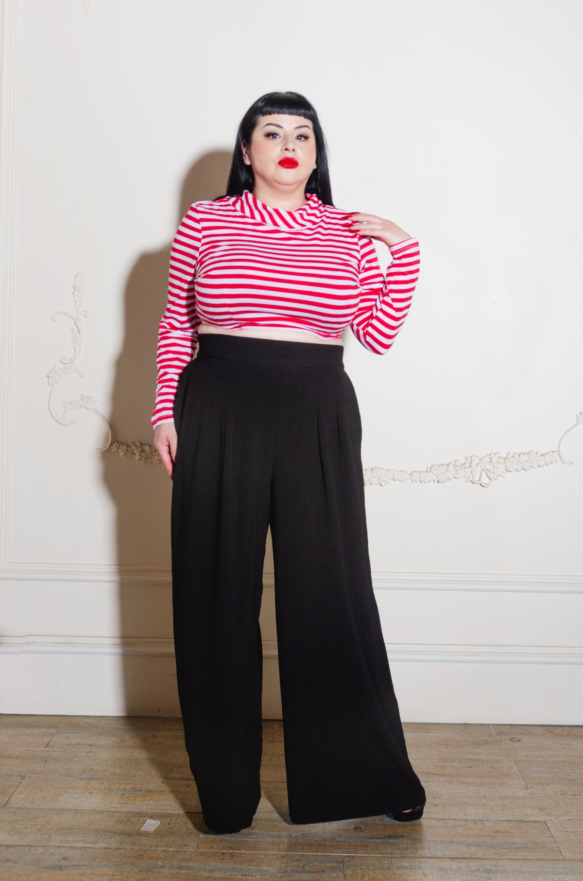Joanna Long Sleeved Crop Top in Red and White Striped Knit | Deadly Dames