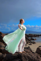 Bombshell Plunge Maxi Gown in Aqua Mint with Sheer Mesh Sleeves | Gothic Glamour