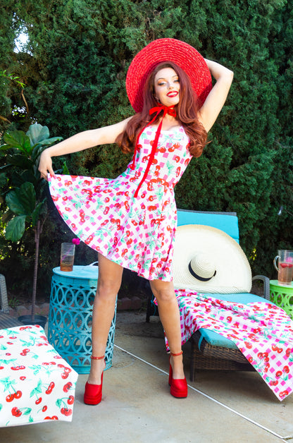 Frenchie Beach Coverup Swim Skater Skirt in Pink Gingham Cherry Girl | Pinup Couture Swim