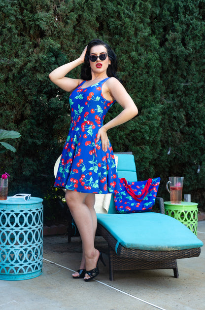 Frenchie Beach Coverup Swim Skater Skirt in Dark Blue Cherry Girl | Pinup Couture Swim