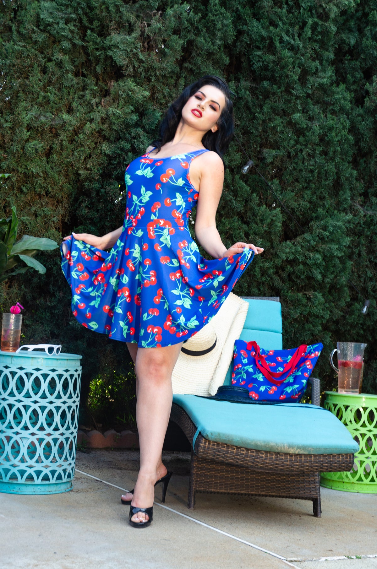 Frenchie Beach Coverup Swim Skater Skirt in Dark Blue Cherry Girl