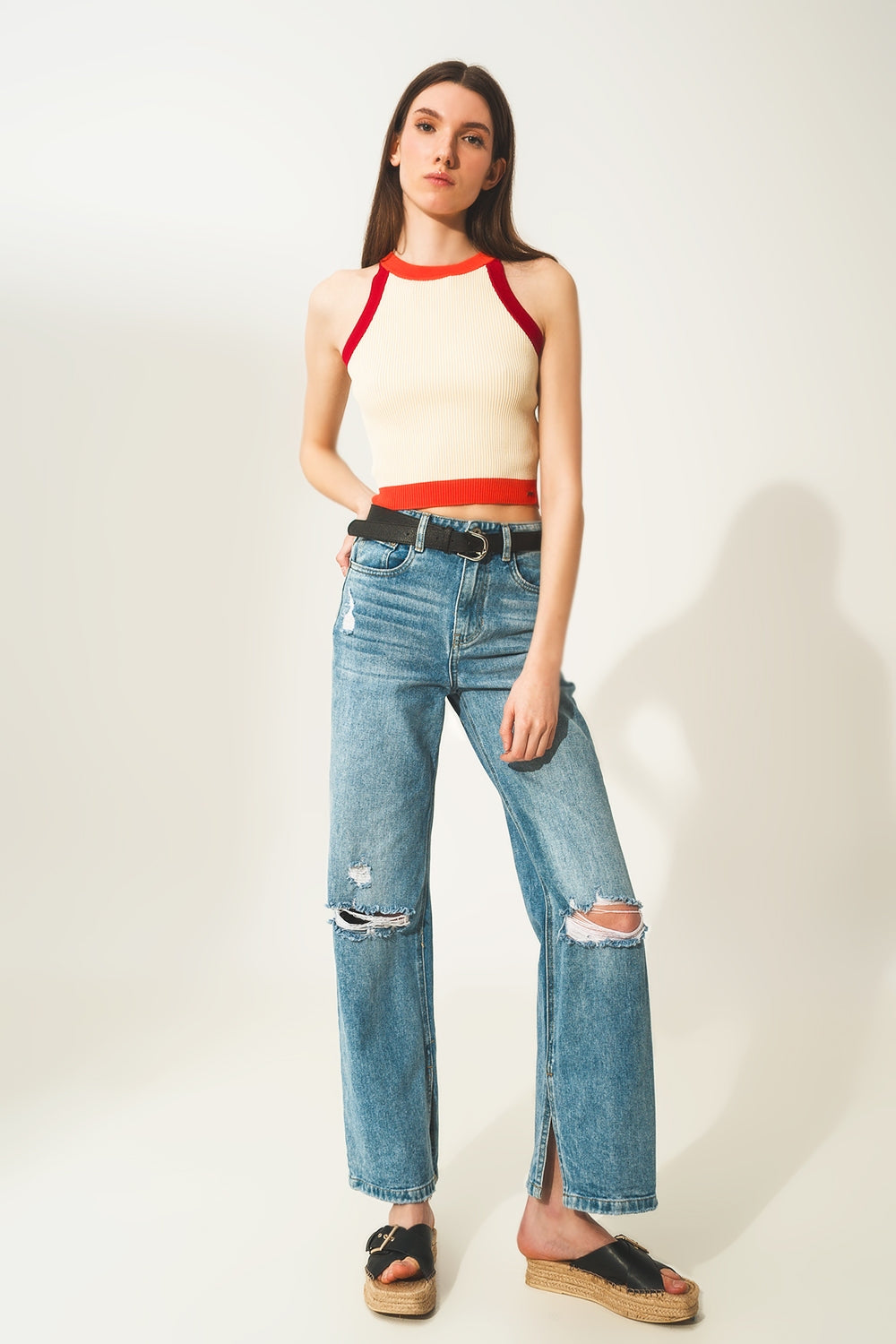 Ribbed Colorblock Red Orange and Cream Cropped Tank | Q2