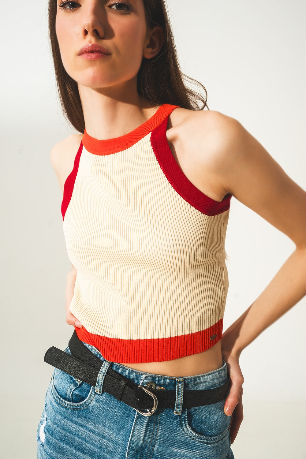 Ribbed Colorblock Red Orange and Cream Cropped Tank | Q2