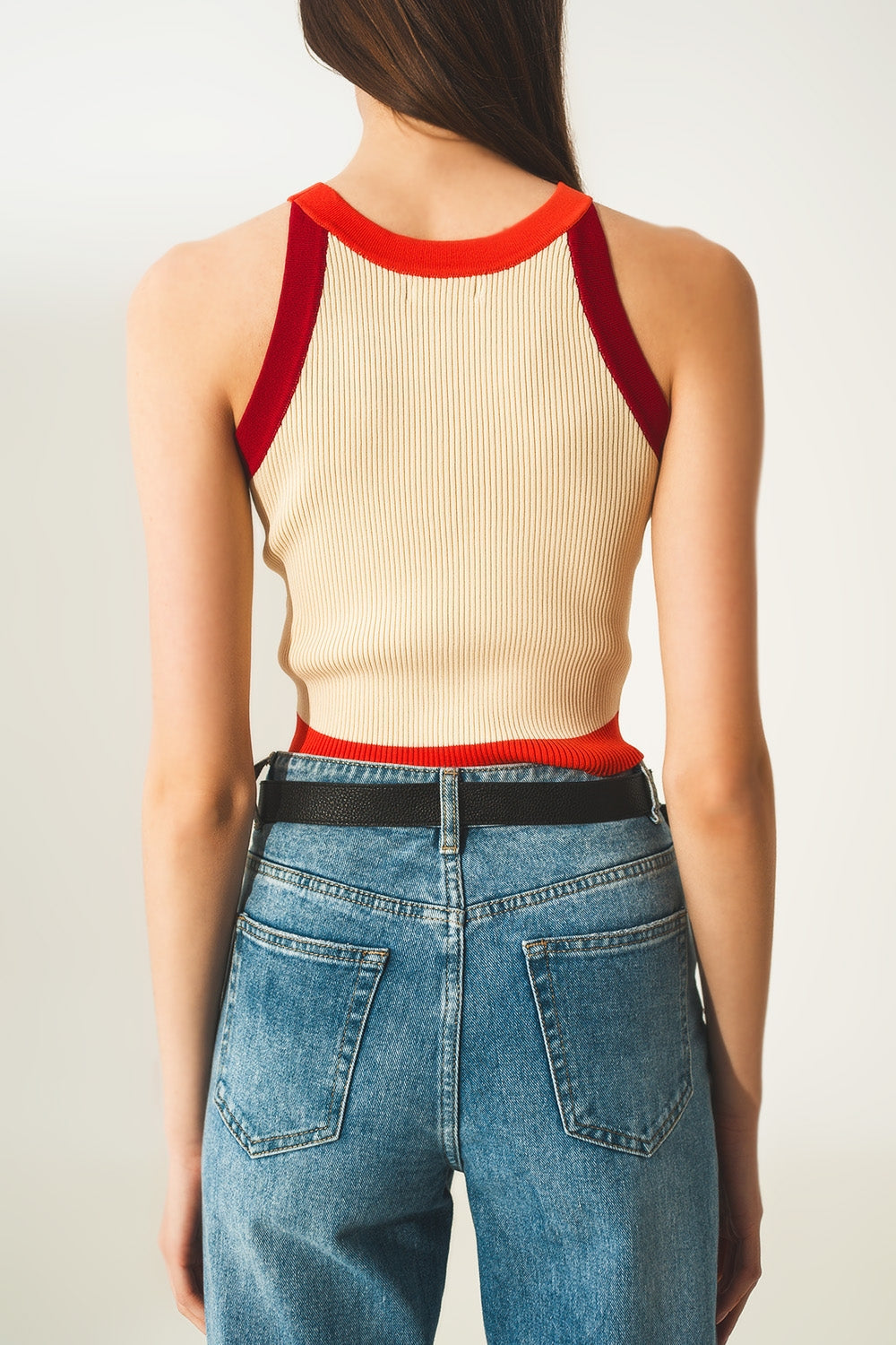 Ribbed Colorblock Red Orange and Cream Cropped Tank | Q2