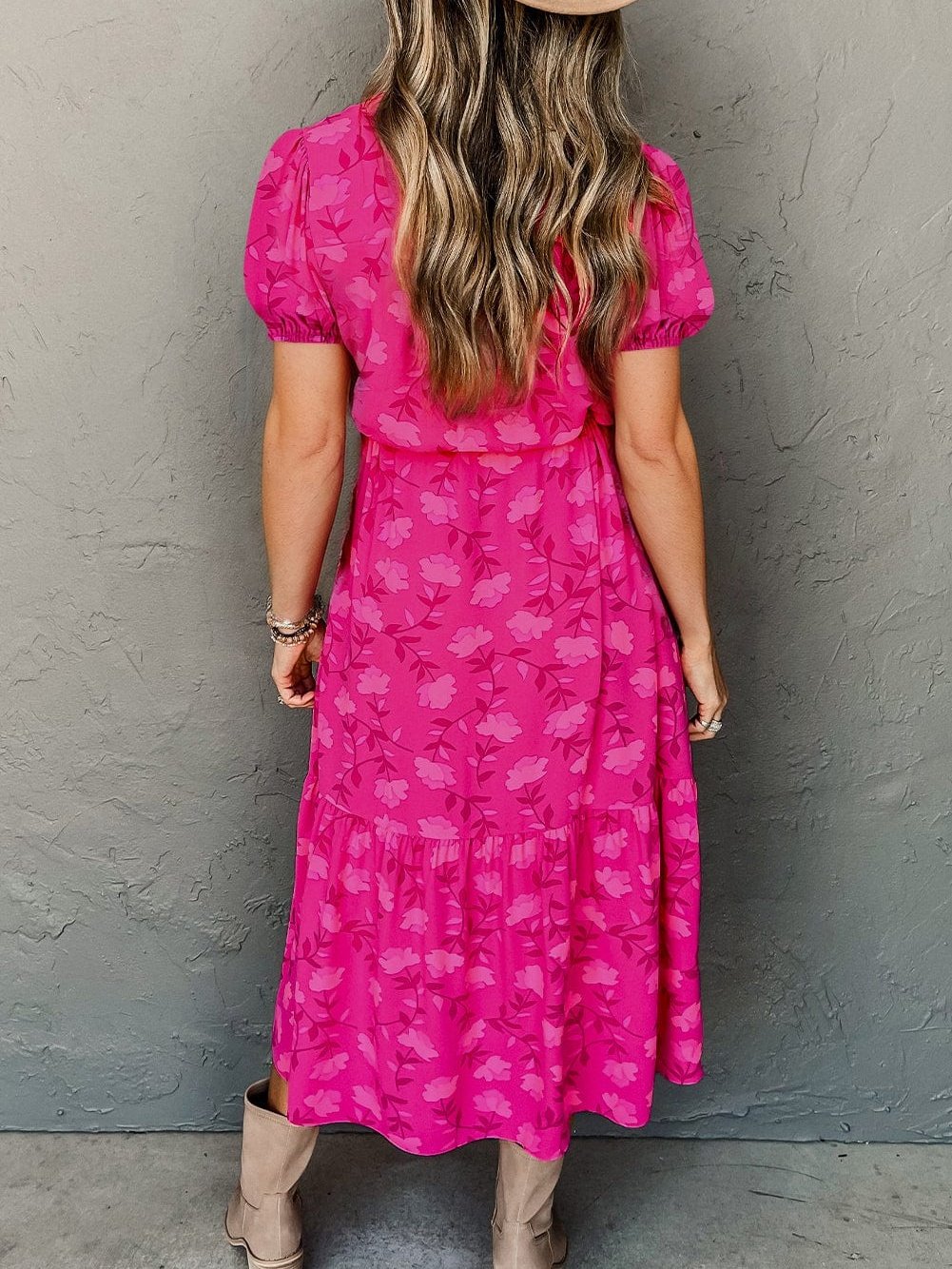 Fuchsia Rose Puff Midi Dress