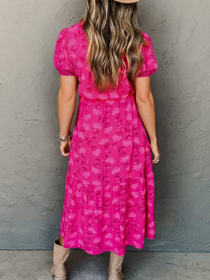 Fuchsia Rose Puff Midi Dress