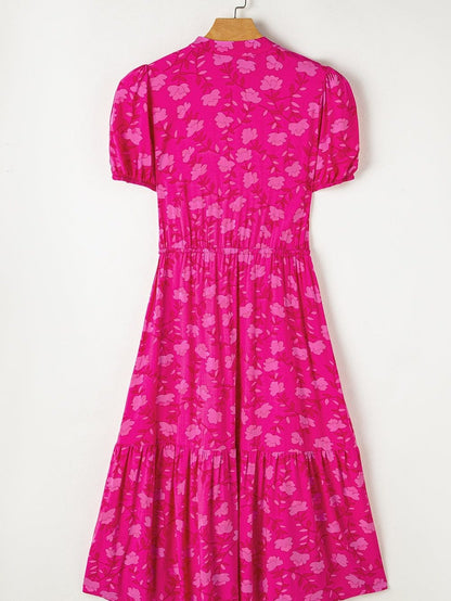 Fuchsia Rose Puff Midi Dress