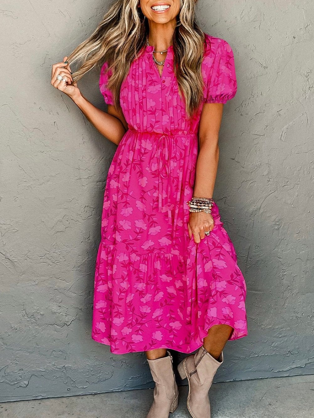 Fuchsia Rose Puff Midi Dress