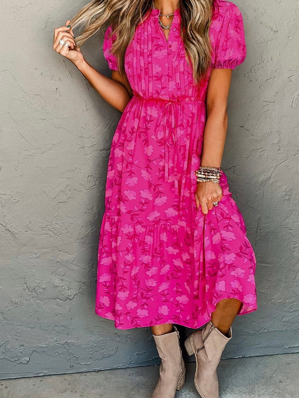 Fuchsia Rose Puff Midi Dress