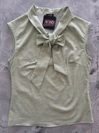 Sage Dot Bow Top in sage green cotton with an oversized neck bow