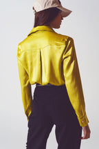 Luxe Satin Button-Up Blouse with Pocket Detail in Metallic Green | Q2