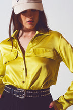 Luxe Satin Button-Up Blouse with Pocket Detail in Metallic Green | Q2