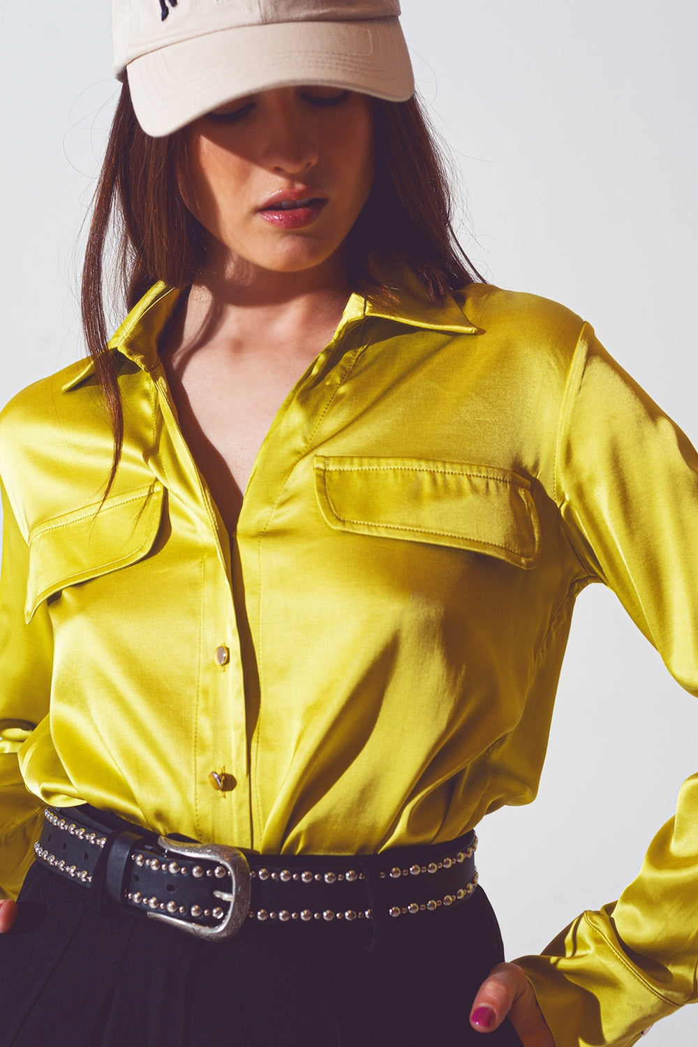 Luxe Satin Button-Up Blouse with Pocket Detail in Metallic Green | Q2