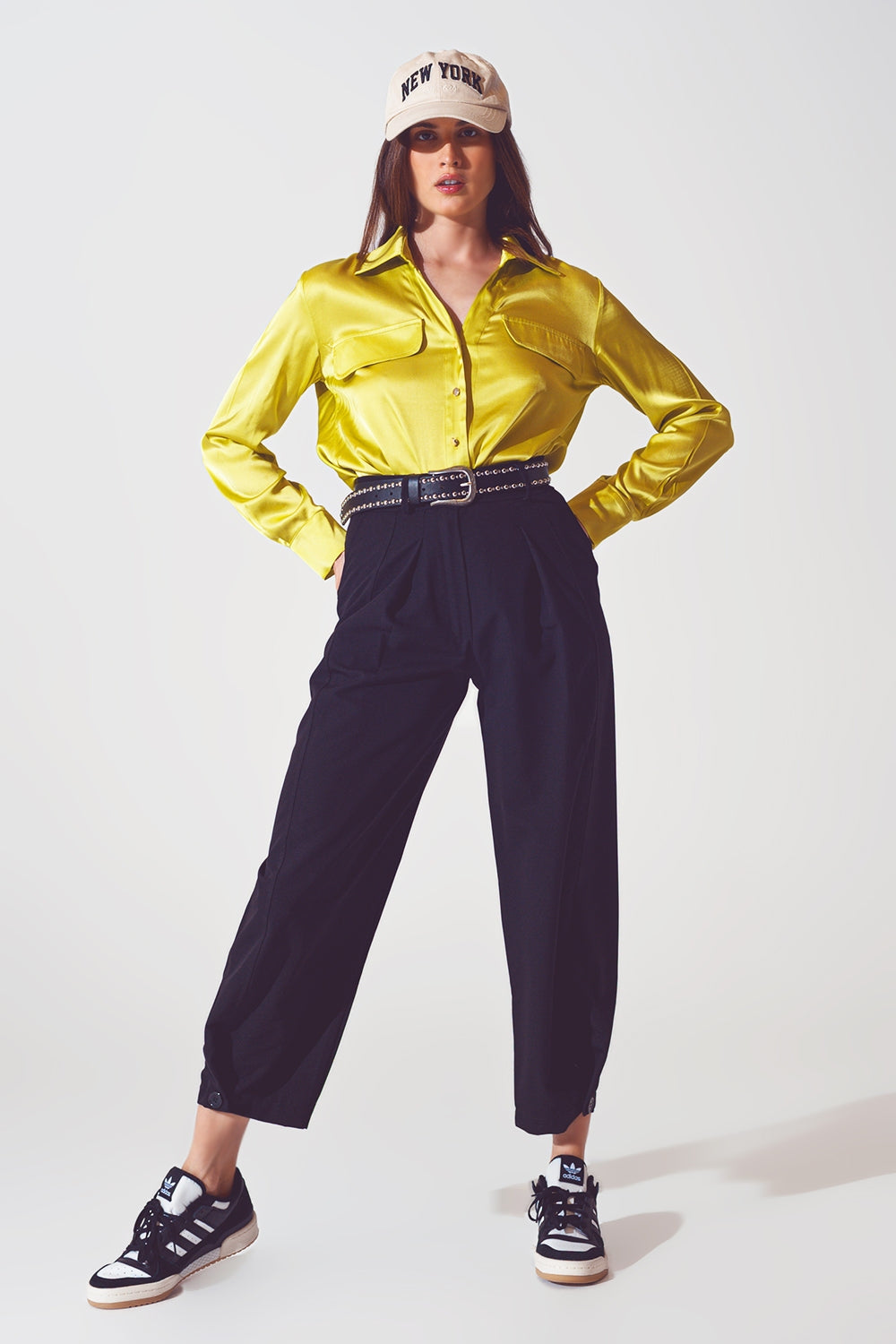 Luxe Satin Button-Up Blouse with Pocket Detail in Metallic Green | Q2