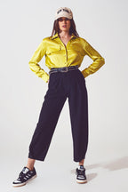 Luxe Satin Button-Up Blouse with Pocket Detail in Metallic Green | Q2