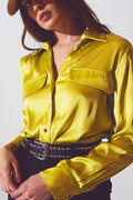 Luxe Satin Button-Up Blouse with Pocket Detail in Metallic Green | Q2