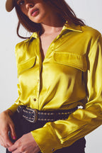 Luxe Satin Button-Up Blouse with Pocket Detail in Metallic Green | Q2