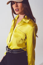 Luxe Satin Button-Up Blouse with Pocket Detail in Metallic Green | Q2
