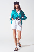 Luxe Satin Button-Up Blouse with Pocket Detail in Electric Teal | Q2