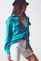 Luxe Satin Button-Up Blouse with Pocket Detail in Electric Teal | Q2