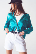 Luxe Satin Button-Up Blouse with Pocket Detail in Electric Teal | Q2