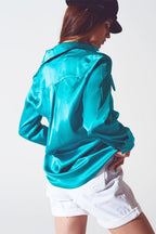 Luxe Satin Button-Up Blouse with Pocket Detail in Electric Teal | Q2