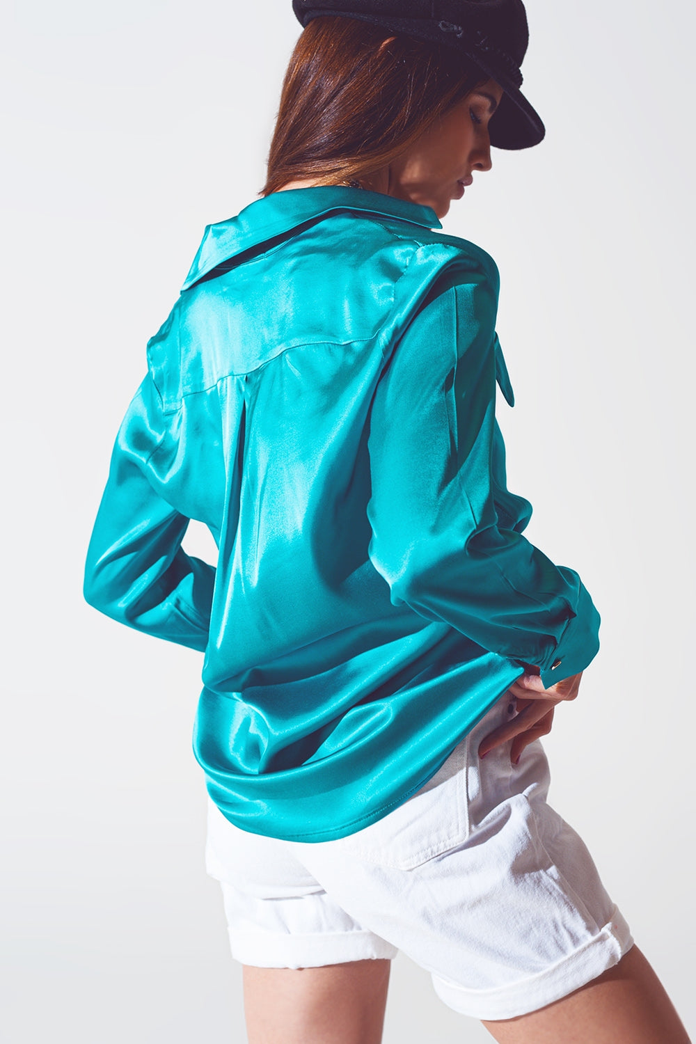 Luxe Satin Button-Up Blouse with Pocket Detail in Electric Teal | Q2
