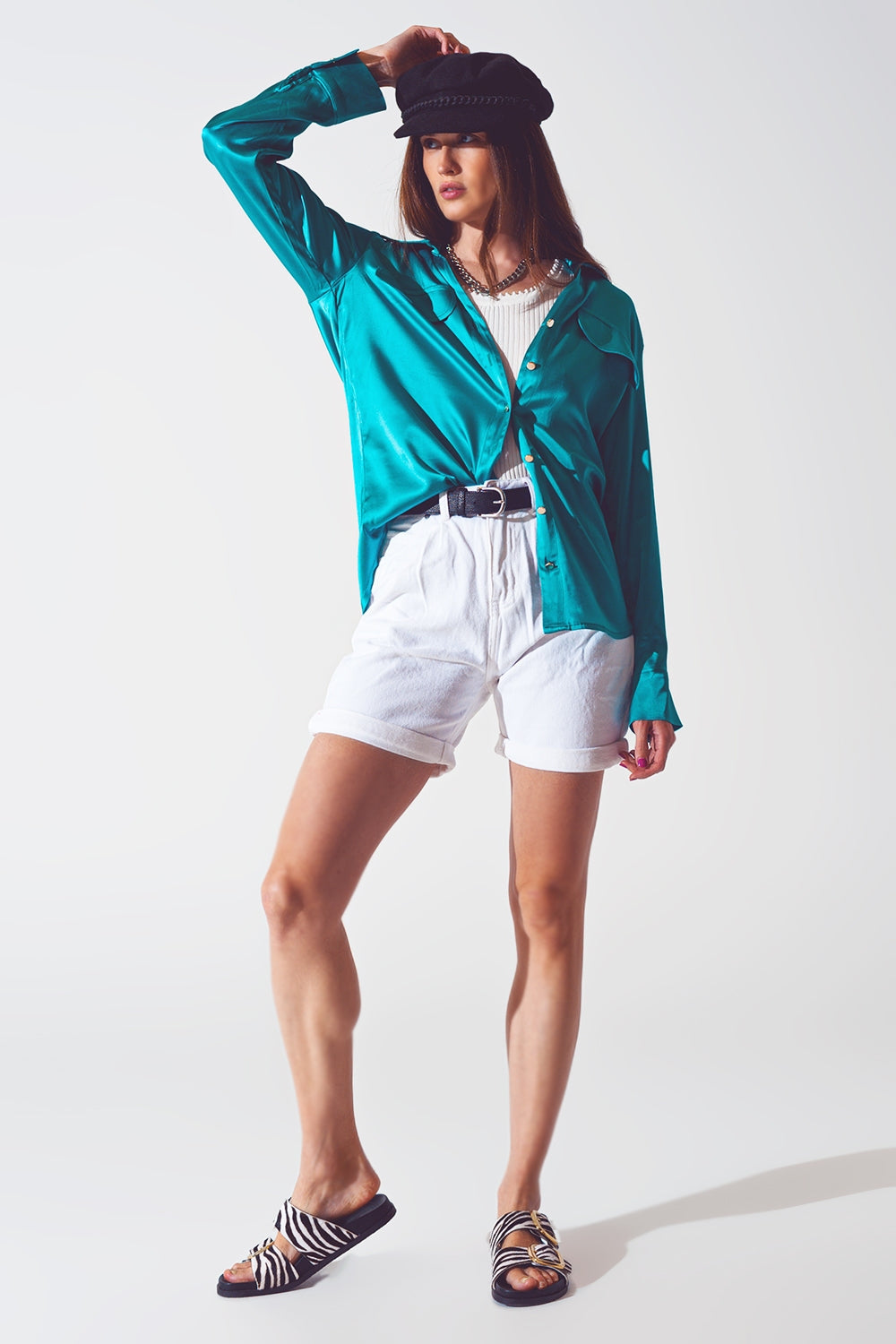 Luxe Satin Button-Up Blouse with Pocket Detail in Electric Teal | Q2