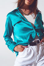 Luxe Satin Button-Up Blouse with Pocket Detail in Electric Teal | Q2