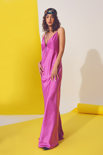 Satin Maxi Dress With Spaghetti Straps in Fuchsia | Q2
