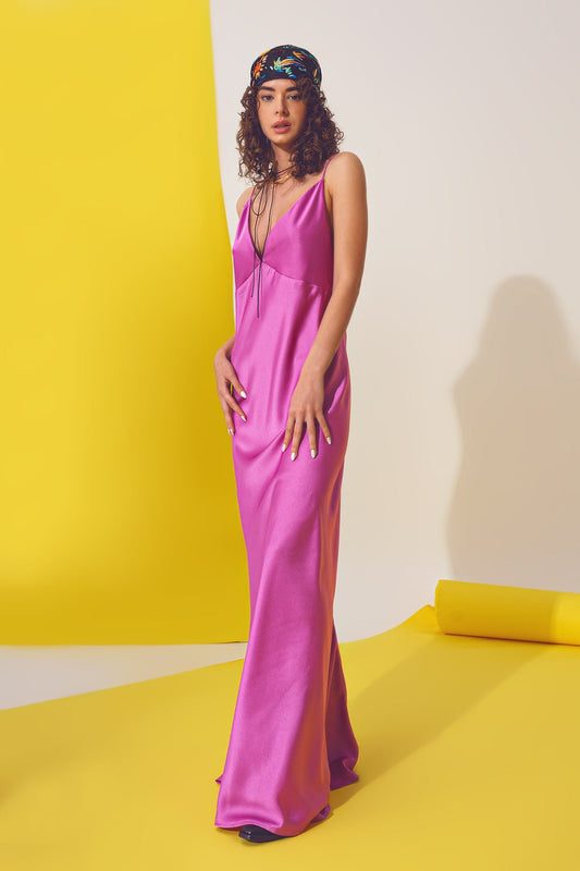 Satin Maxi Dress With Spaghetti Straps in Fuchsia | Q2