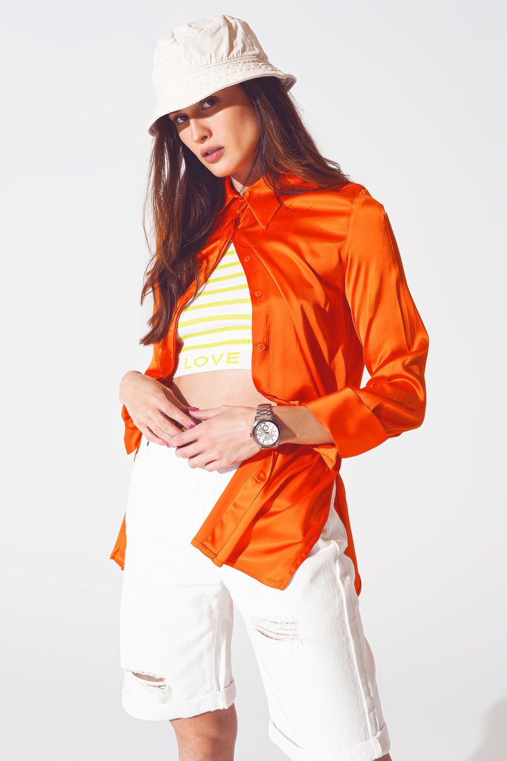 Luminous Satin Button-Up Blouse with Split Cuffs in Burnt Sienna | Q2