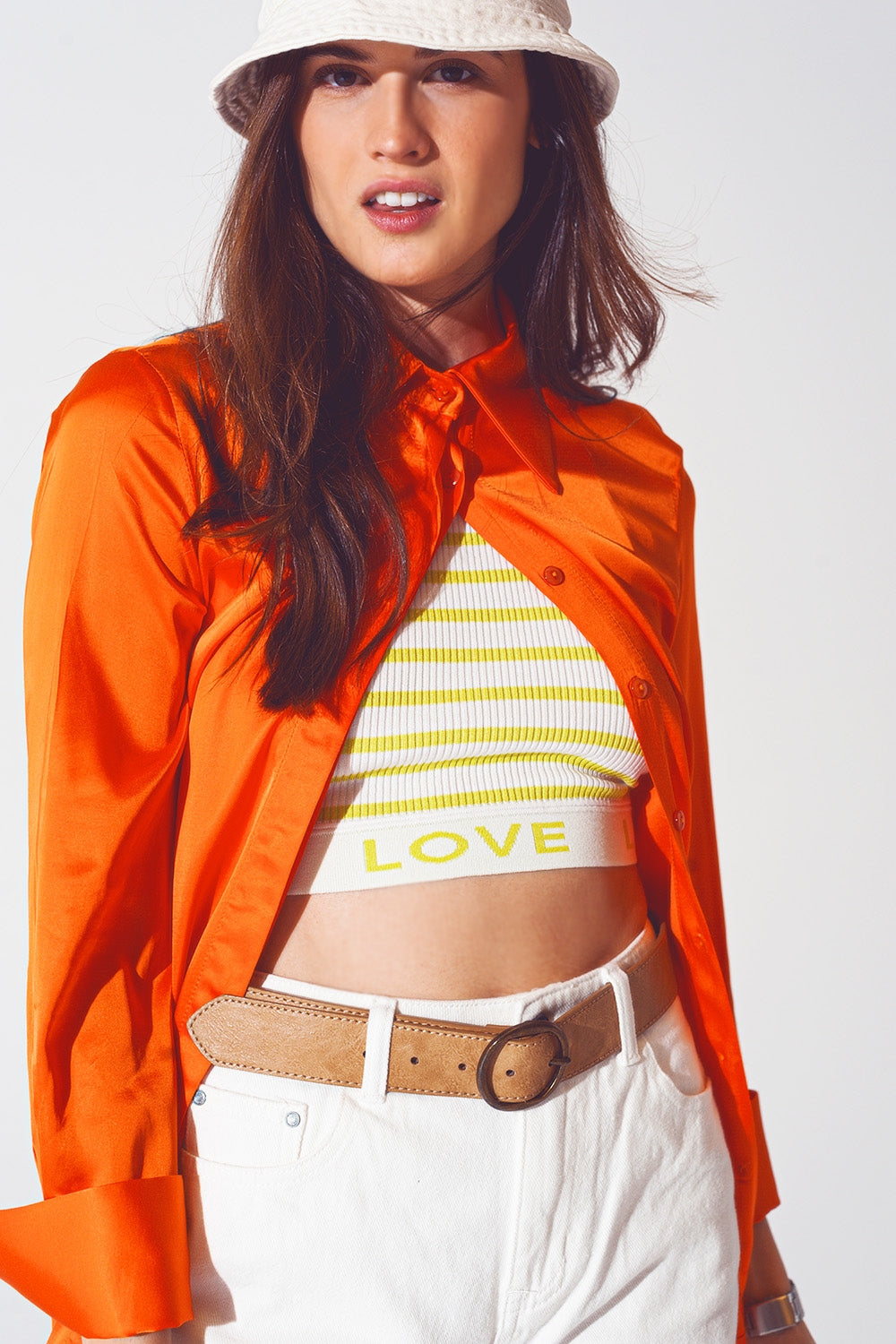 Luminous Satin Button-Up Blouse with Split Cuffs in Burnt Sienna | Q2