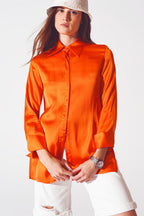 Luminous Satin Button-Up Blouse with Split Cuffs in Burnt Sienna | Q2