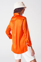 Luminous Satin Button-Up Blouse with Split Cuffs in Burnt Sienna | Q2