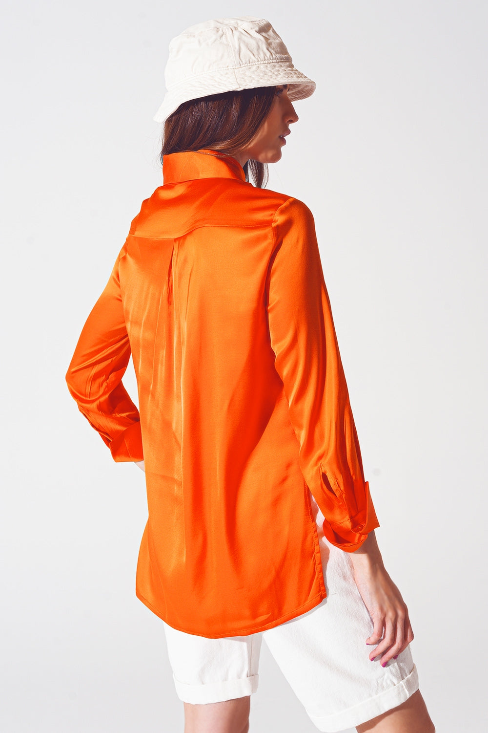 Luminous Satin Button-Up Blouse with Split Cuffs in Burnt Sienna | Q2