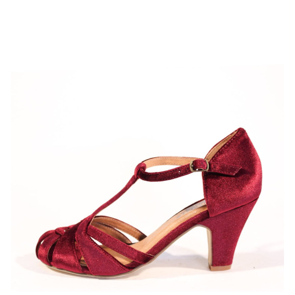 Sergi Velvet T-Strap Heels in burgundy by Pinup Girl Clothing