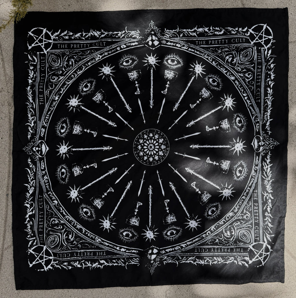 Sigil Print Square Scarf in black with a white occult sigil wheel
