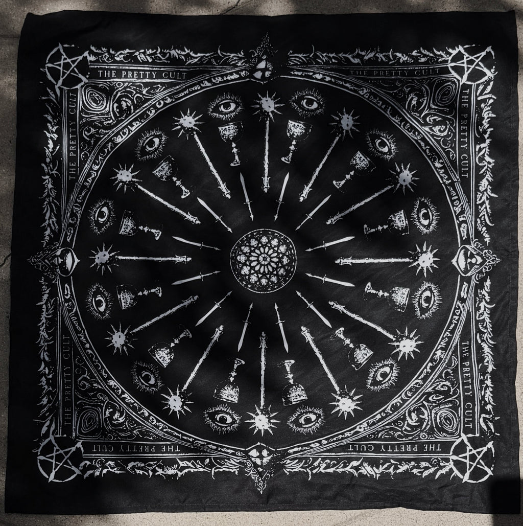 Sigil Print Square Scarf in black with a white occult sigil wheel