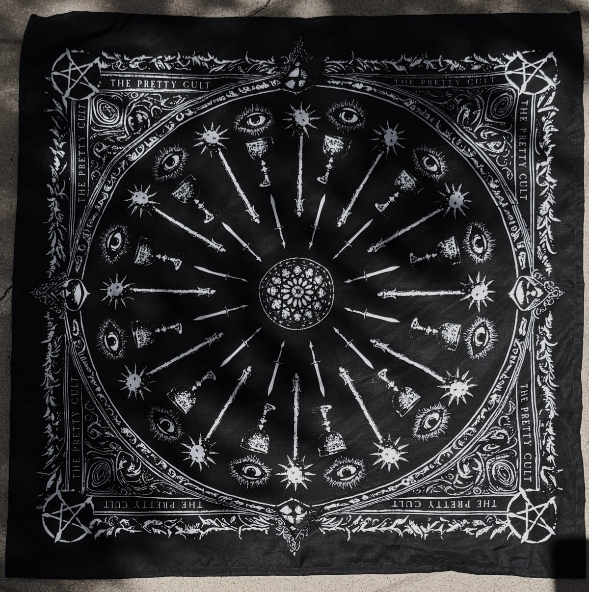 Sigil Print Square Scarf in black with a white occult sigil wheel