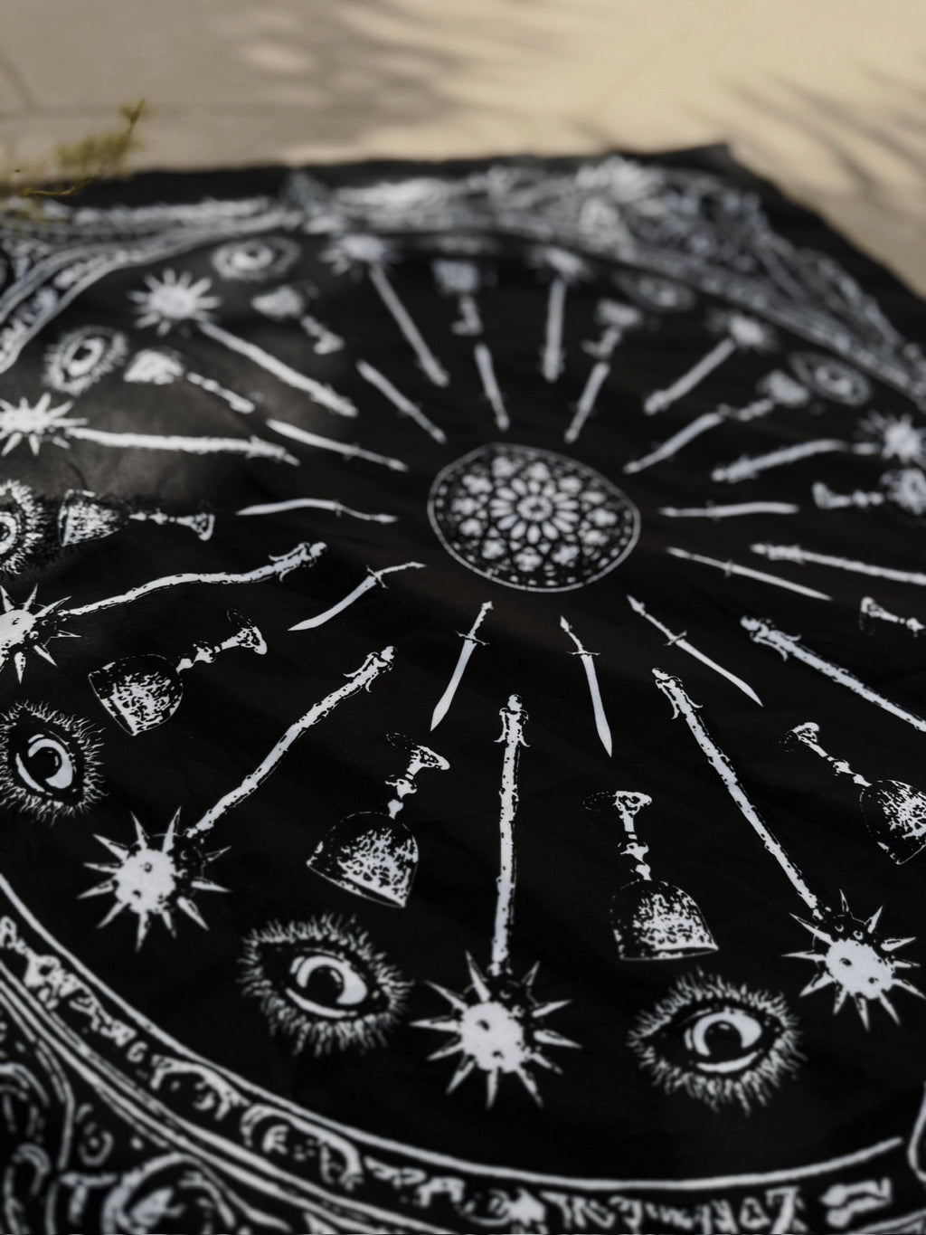 Sigil Print Square Scarf in black with a white occult sigil wheel