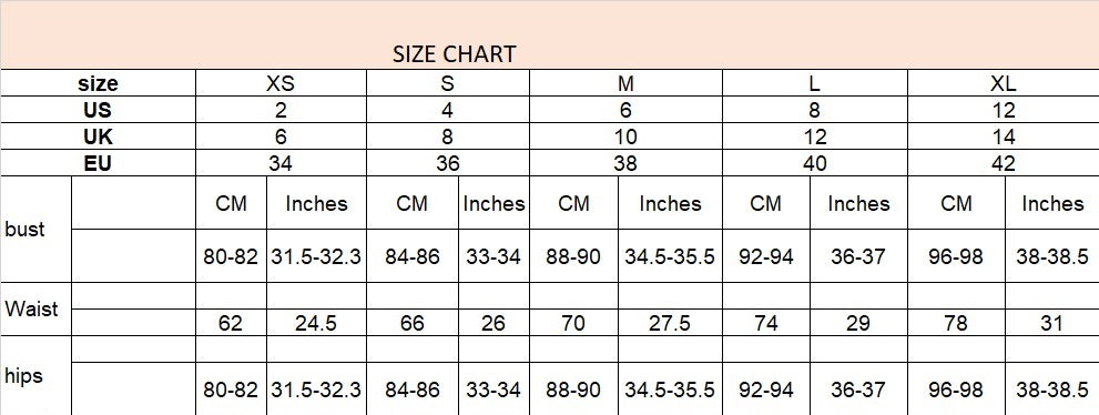 Size chart for clothing measurements in US, UK, and EU standards.
