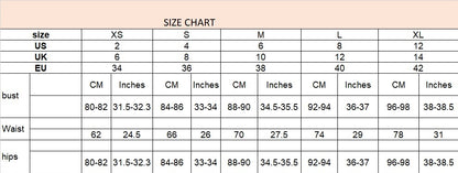 Size chart for clothing measurements in US, UK, and EU standards.