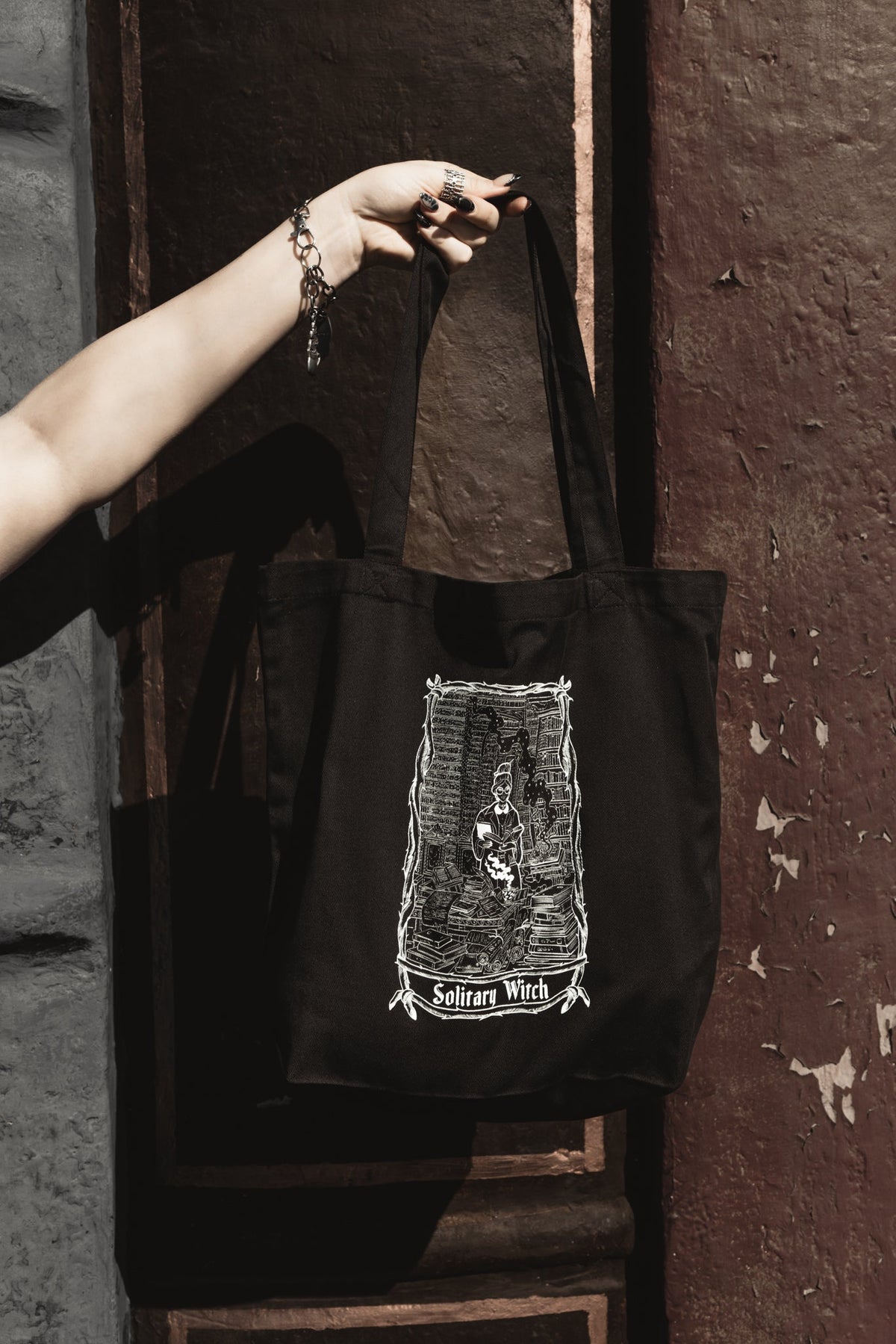 Solitary Witch Tote Bag, black organic cotton tote with white witch art
