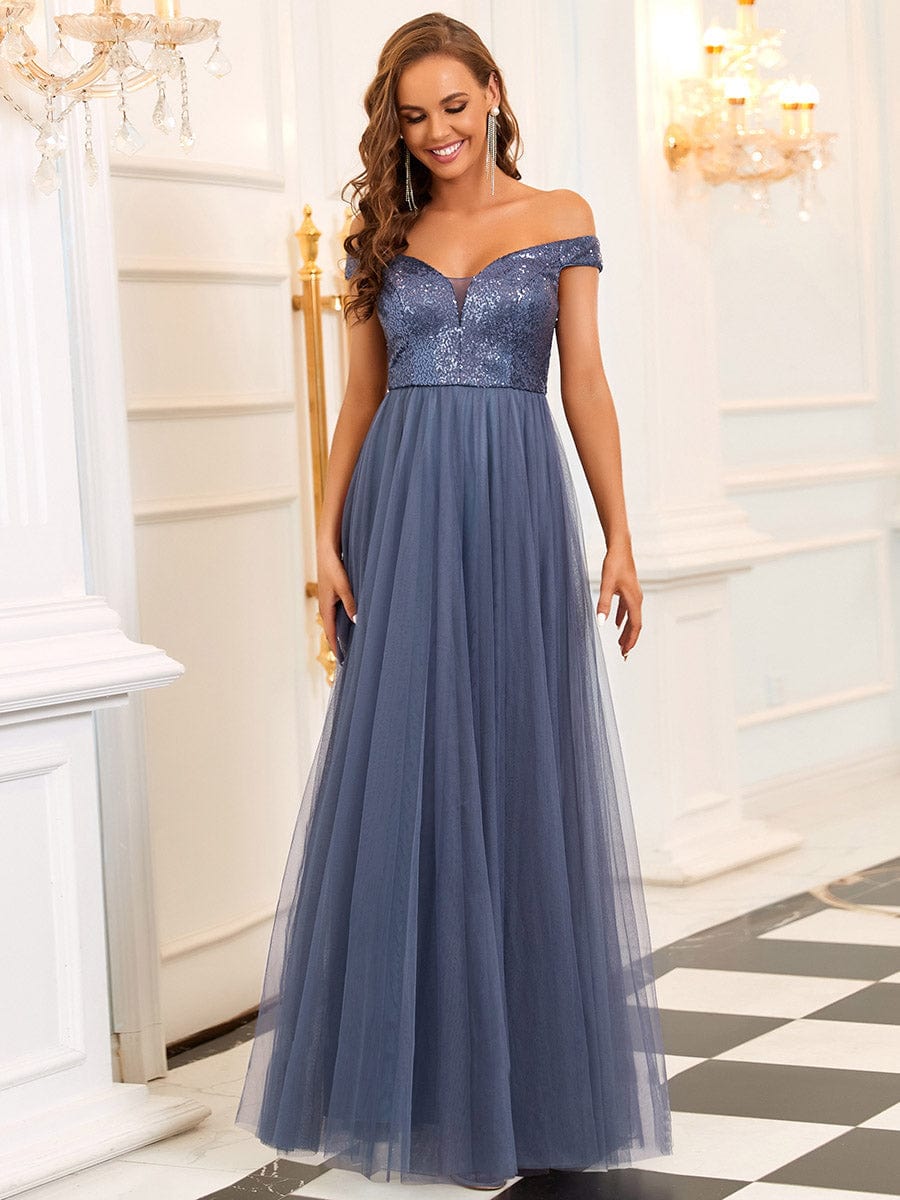 Marquee Off-Shoulder Sequin Tulle Gown