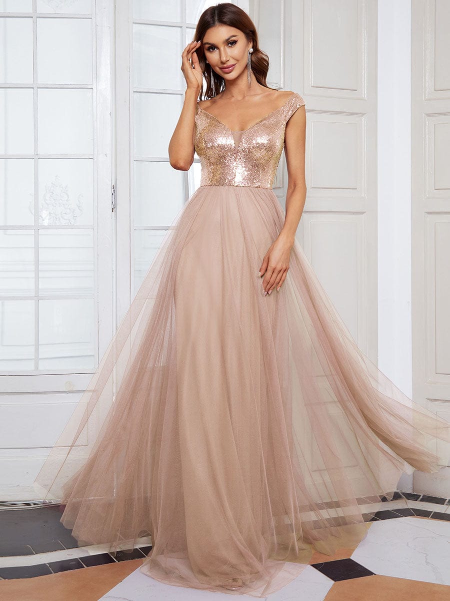 Marquee Off-Shoulder Sequin Tulle Gown