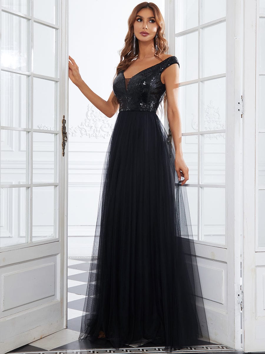 Marquee Off-Shoulder Sequin Tulle Gown